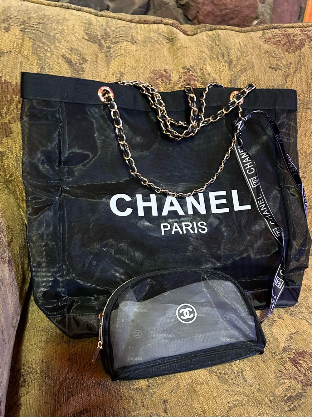 GWP Black Mesh Tote with make up pouch NEW